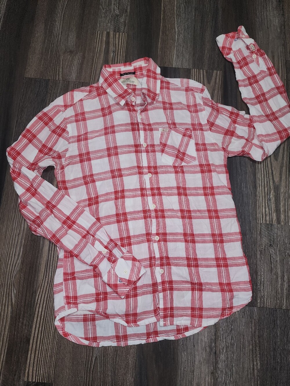 Men's Scotch & Soda Plaid Button Down Shirt Red White Large Lightweight Casual